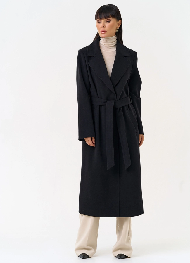 Женское пальто черного цвета с поясом модель № 31560 универмаг малина