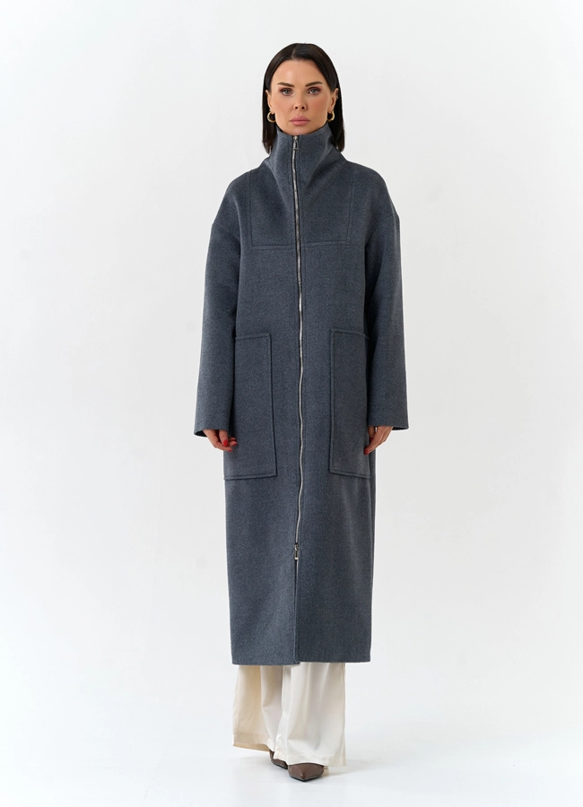 Женское длинное пальто с воротником стойкой модель № 32573 в рассрочку