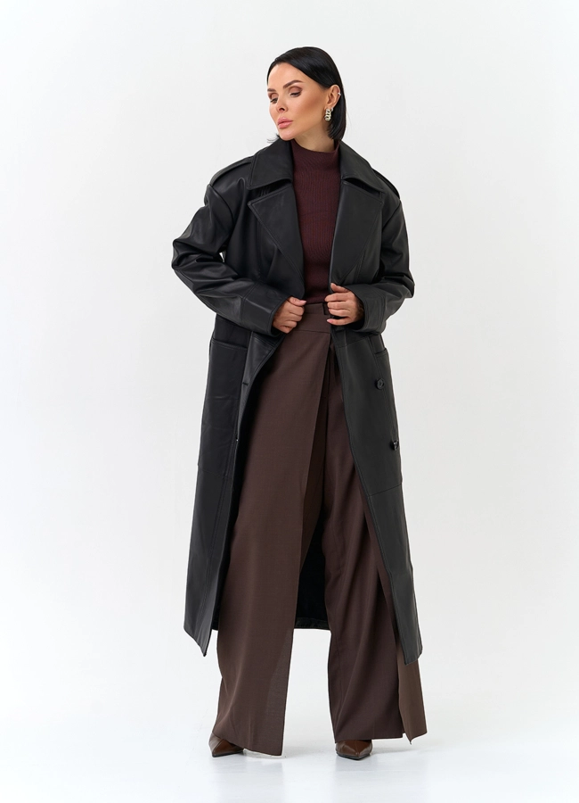 Женский плащ из натуральной кожи с поясом модель № 32901 универмаг малина
