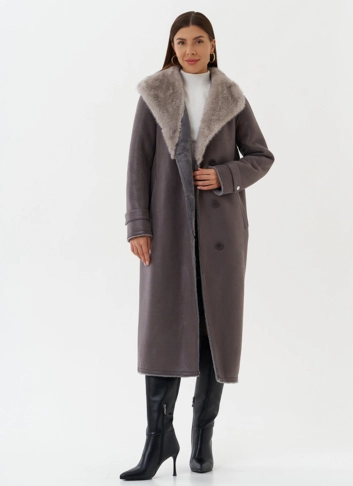 Длинная дубленка из эко кожи с воротником шаль