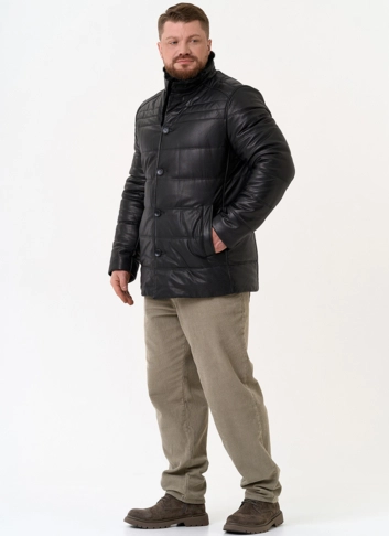 Пуховик из натуральной кожи с воротником стойкой