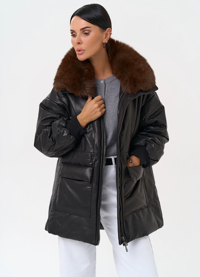Полупальто из натуральной кожи с мехом песца модель № 21796 универмаг малина