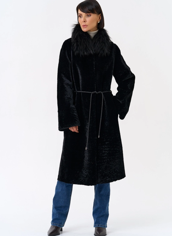 Женская двухстороняя дубленка с воротником из меха чернобурой лисы