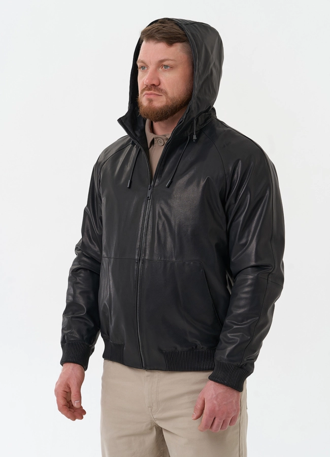 Мужская куртка из натуральной кожи с капюшоном модель № 30073 в рассрочку