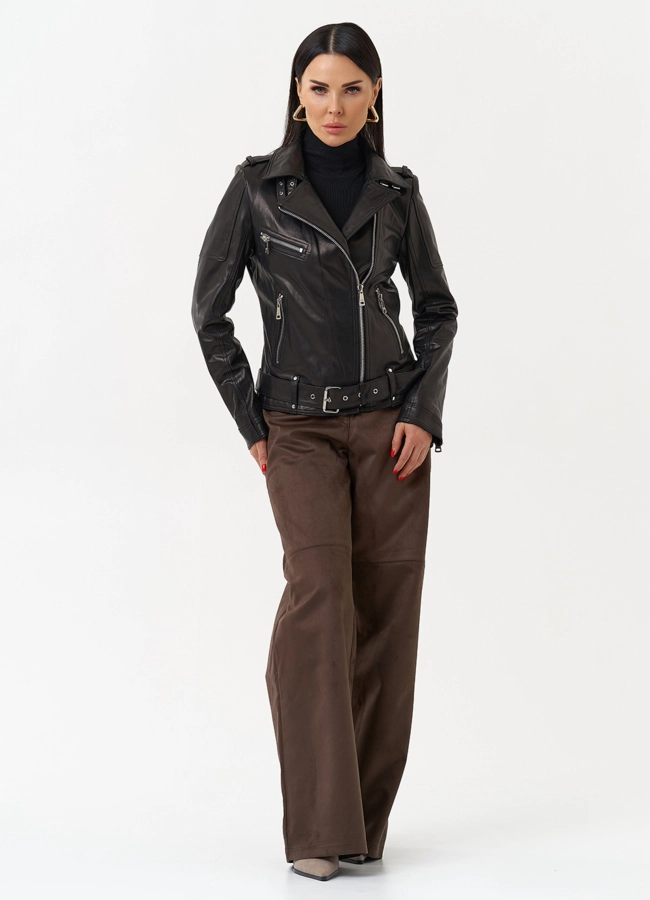 Женская куртка - косуха черного цвета  модель № 19903 в рассрочку