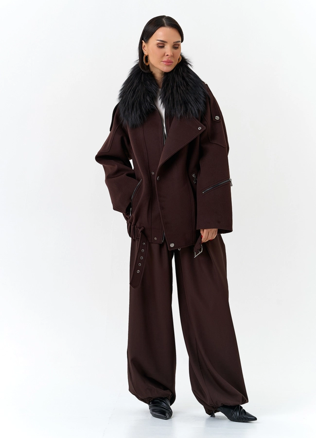 Женское укороченное пальто с отделкой из меха лисы модель № 32781 универмаг малина